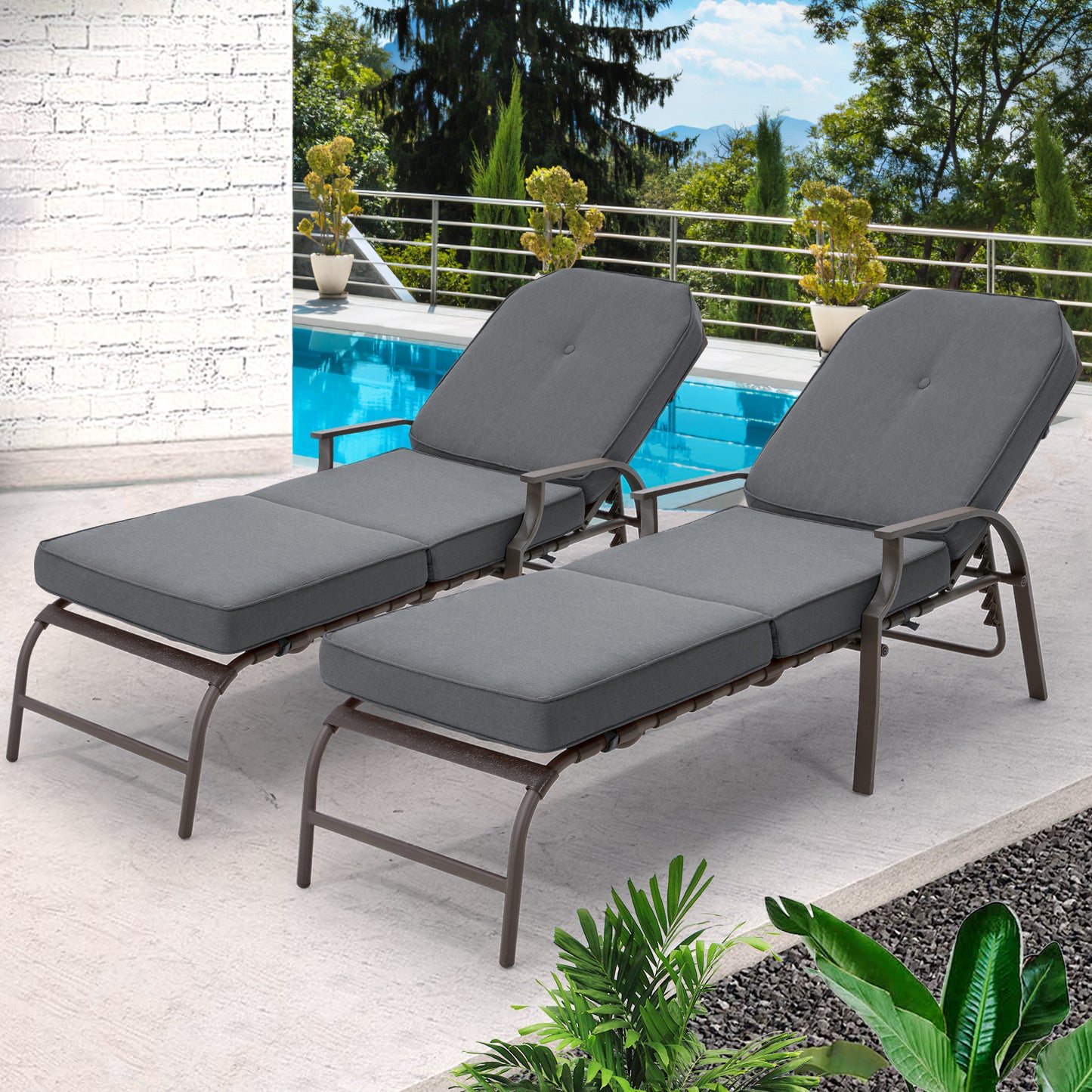 AECOJOY Cushioned Patio Lounge Chair Set of 2, Poolside Adjustable Chaise Lounge Recliner - Grey