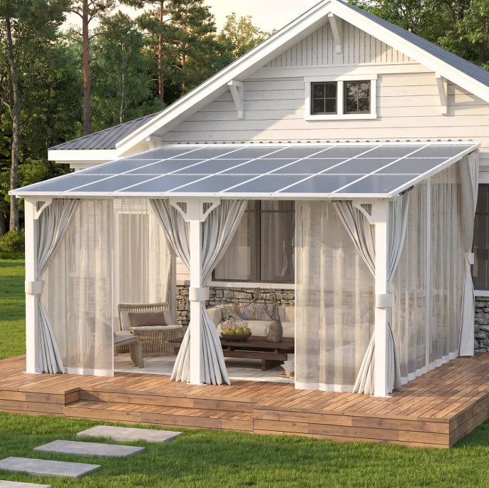 AECOJOY 14'x12' Lean to Gazebo Outdoor Pergola with Curtains and Netting for Patio, Large Wall Mounted Hardtop 12x14 Metal Heavy Duty Awnings, Pergolas and Gazebos with Patio Roof White