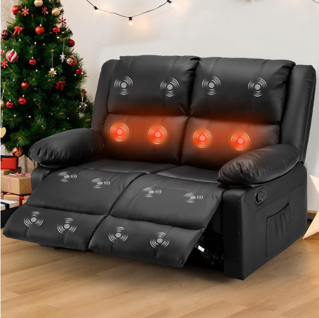 AECOJOY Reclining Loveseat with Heat&Massage Function, Double Recliner Recliner Loveseat Wall Hugger Loveseat 2-Seater Manual Control Faux Leather RV Couch, Home Theater Seating, Black