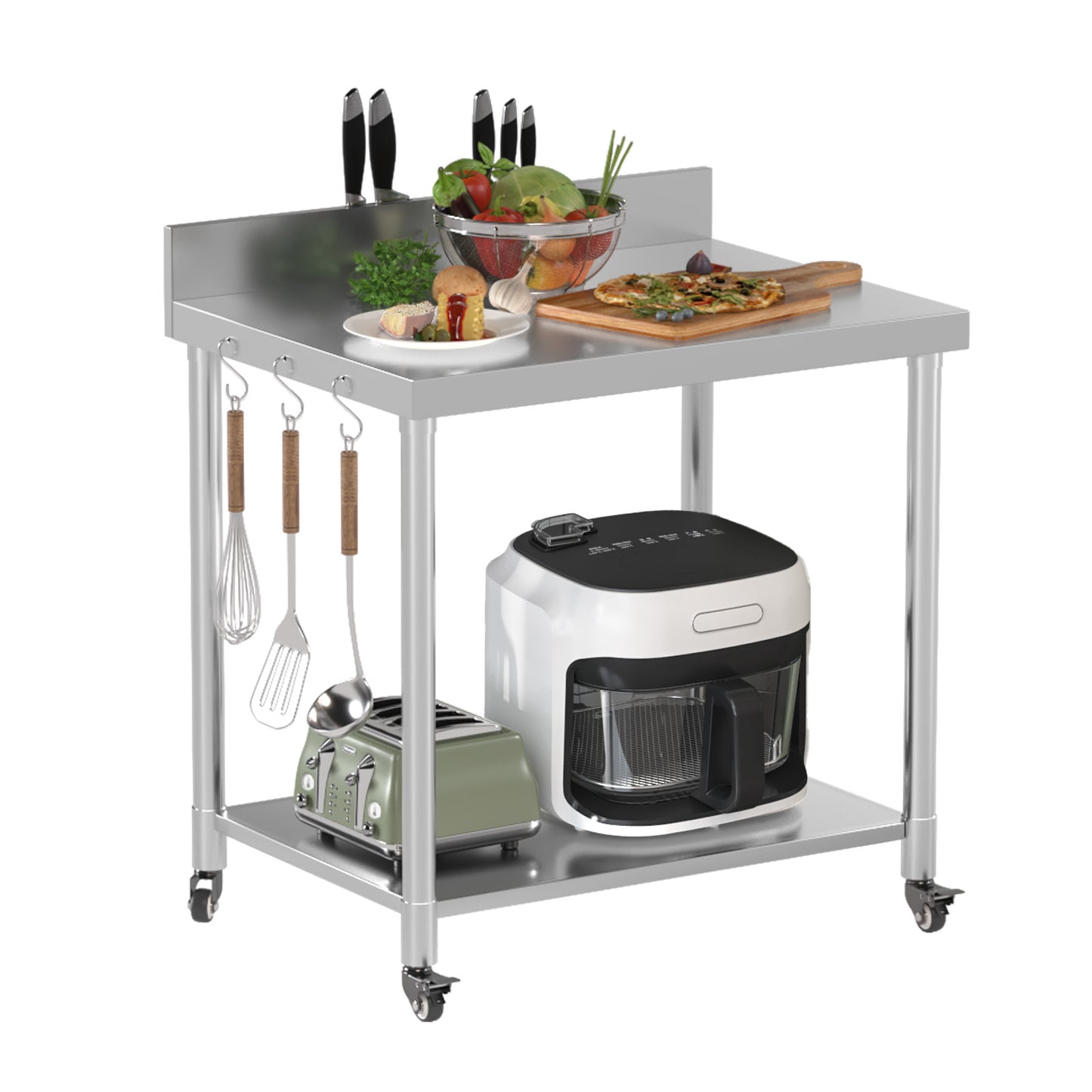 AECOJOY 36"x30" Stainless Steel Table with Shelves, Food Prep Table for Commercial Worktables & Workstations with 2 Adjustable Tier Overshelves