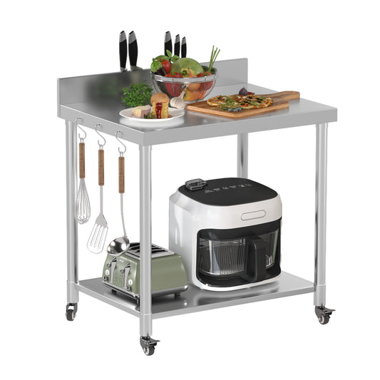 AECOJOY 36"x30" Stainless Steel Table with Shelves, Food Prep Table for Commercial Worktables & Workstations with 2 Adjustable Tier Overshelves