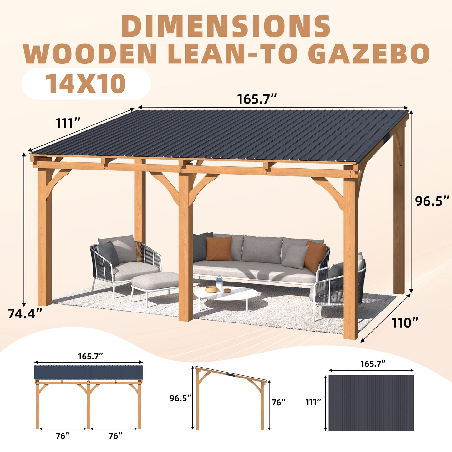 YODOLLA 14' x 10' Wall-Mounted Outdoor Wood Gazebo, Hardtop Cedar Pergola with Heavy-Duty Awnings for Patio, Deck, Backyard