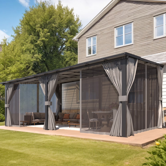 AECOJOY 20' x 12' Lean to Gazebo with Netting and Curtain Outdoor Hardtop Gazebo Aluminum Metal Pergola For Garden, Patio, Backyard-Dark Gray