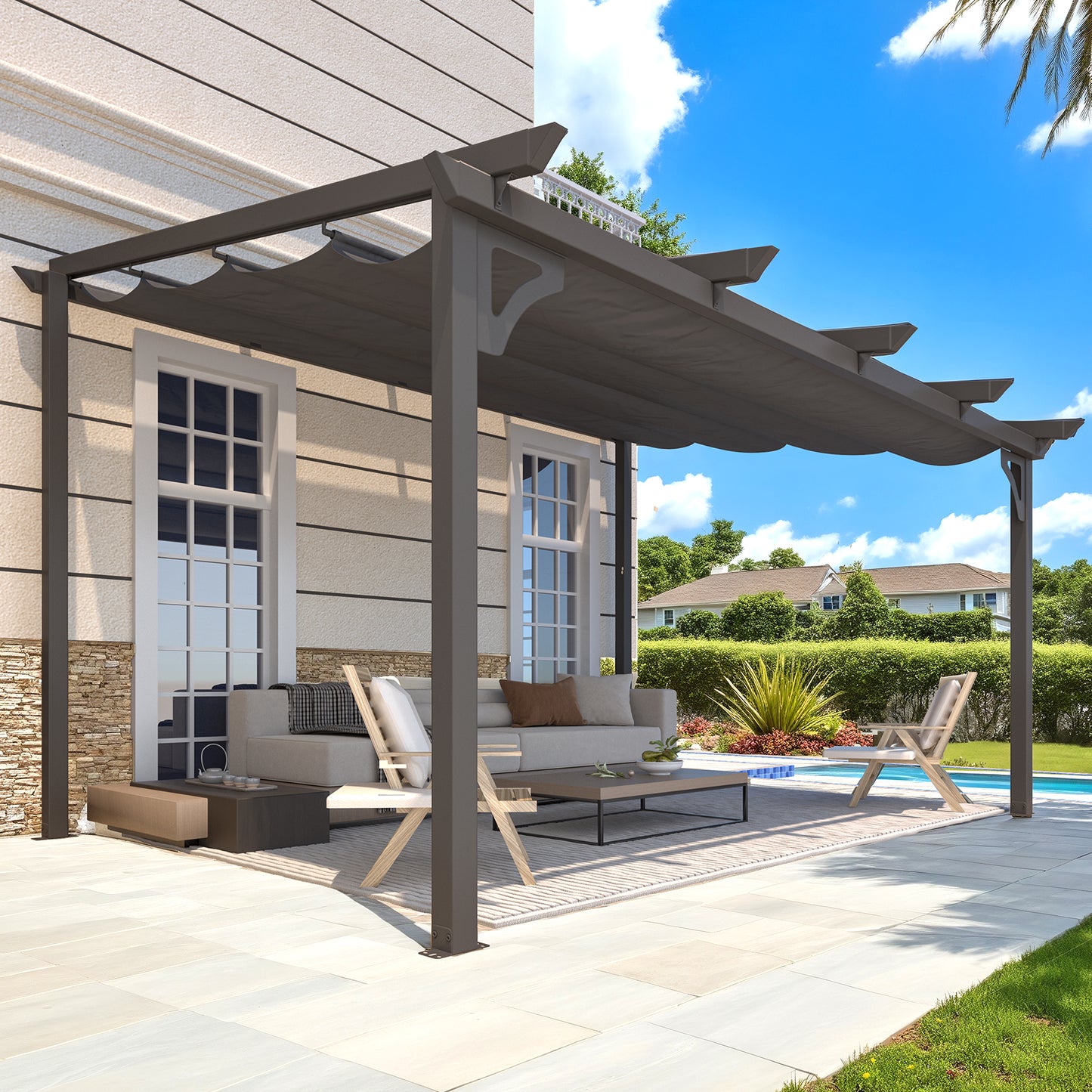 YODOLLA 14' x 10' Outdoor Lean to Gazebo, Retractable Pergola with Adjustable Sun Shade Canopy Roof, Aluminum Awnings for Garden, Patio, Backyard, Dark Gray