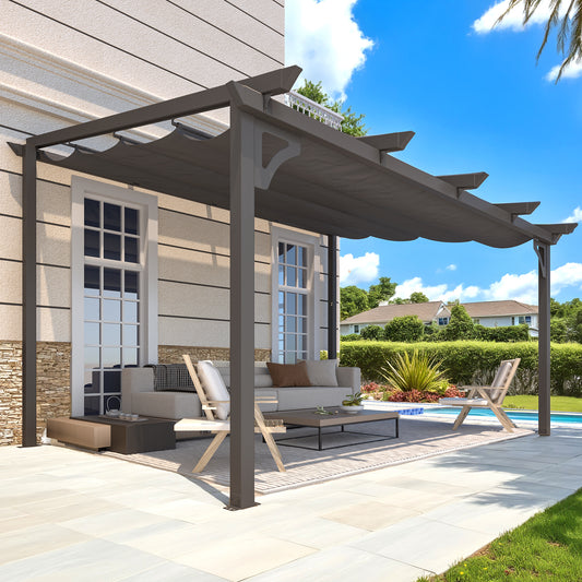 YODOLLA 14' x 10' Outdoor Lean to Gazebo, Retractable Pergola with Adjustable Sun Shade Canopy Roof, Aluminum Awnings for Garden, Patio, Backyard, Dark Gray