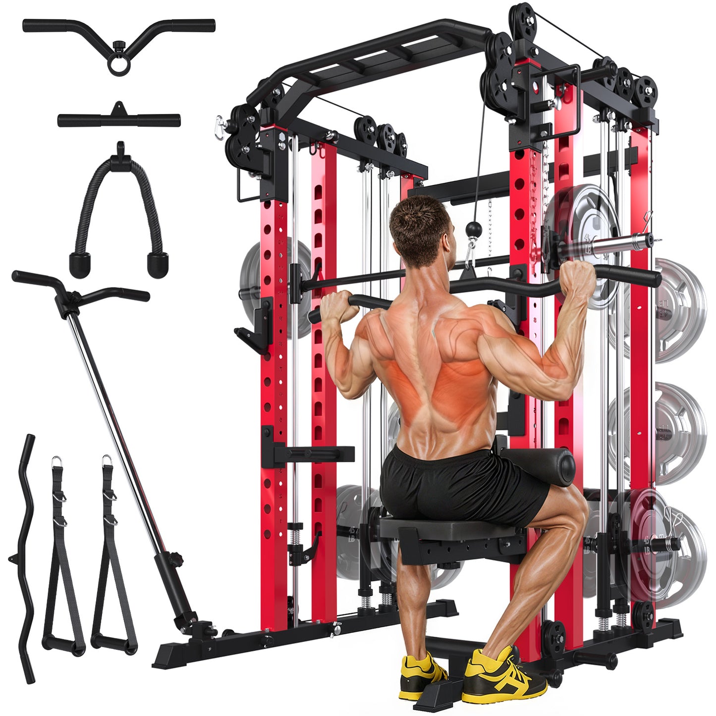 YODOLLA Smith Machine Power Rack Cage, 2000LB All-in-One Squat Rack with Dual Cable Crossover and LAT Pulldown, Home Gym Strength Training Equipment