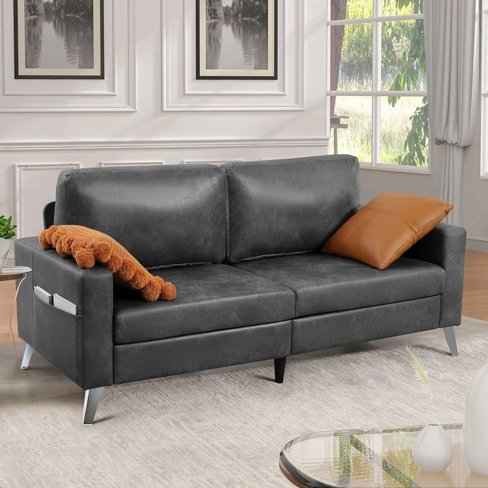 YODOLLA 79" Sectional Sofa Modern Loveseat Couch 3 Seater Faux Leather Living Room Furniture - Gray
