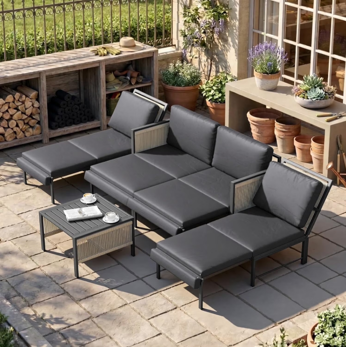 YODOLLA 5-Piece Patio Furniture Sets with Retractable Chairs & Coffee Table , Modular Outdoor Furniture with Foldable Recliners & Cushions, Aluminum Frame, Dark Gray