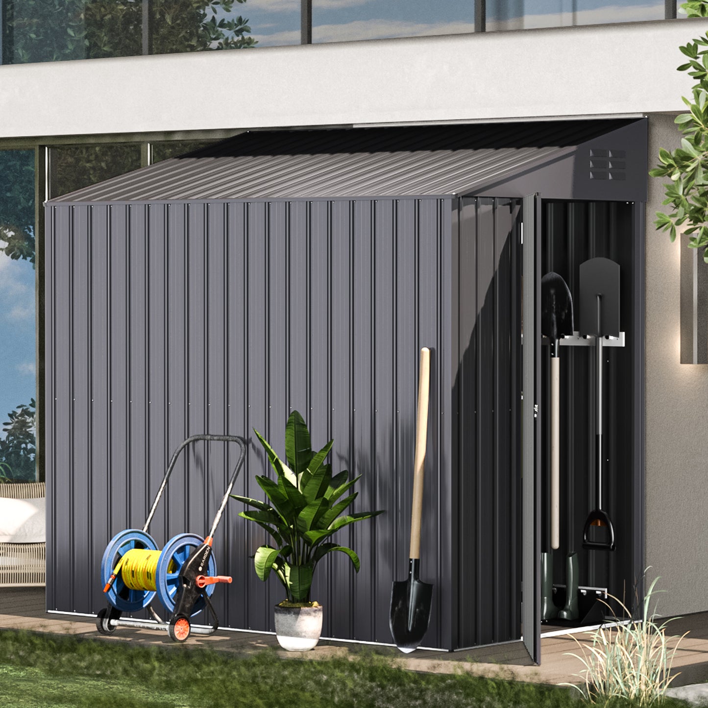 AECOJOY 4' x 6' Metal Storage Shed, Lean-to Design and Lockable Door for Garden, Dark Grey