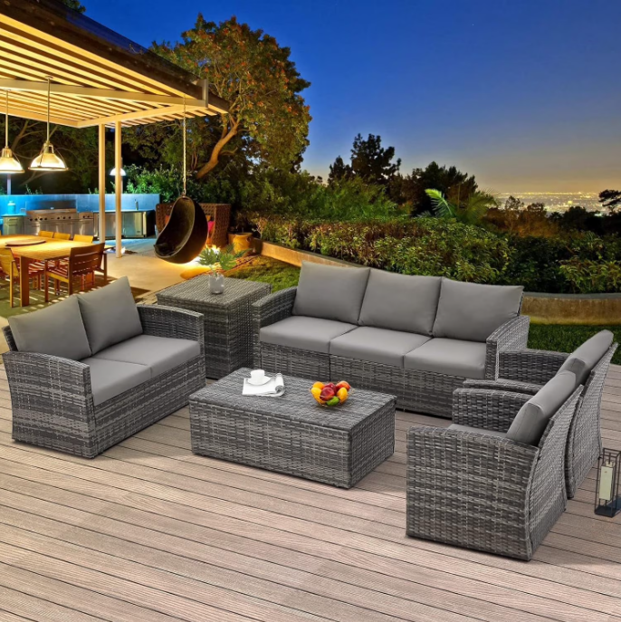 AECOJOY 7 Pieces Patio Furniture Set with Two Storage Boxes, Outdoor Rattan Conversation Set,All-Weather PE Wicker Sectional Sofa Outdoor Furniture for Garden, Backyard, Deck, Grey Rattan&Grey