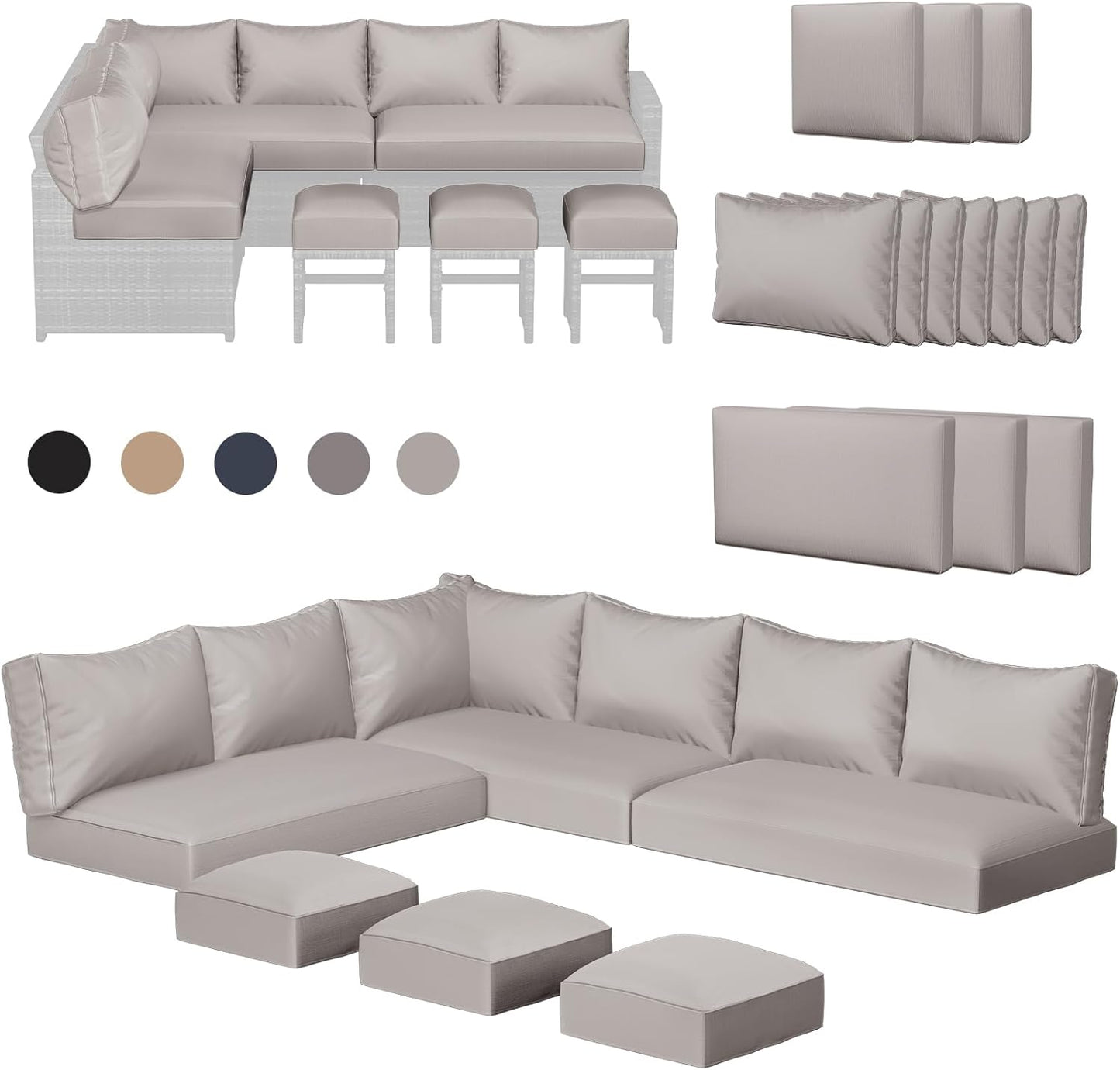 AECOJOY Outdoor Cushions, 4 inch Patio Cushions for Outdoor Furniture, Replacement Cushions Fits 7-Seats Sectional Rattan Conversation Set, Splashproof, Memory Foam Cushions and Covers in Light Grey