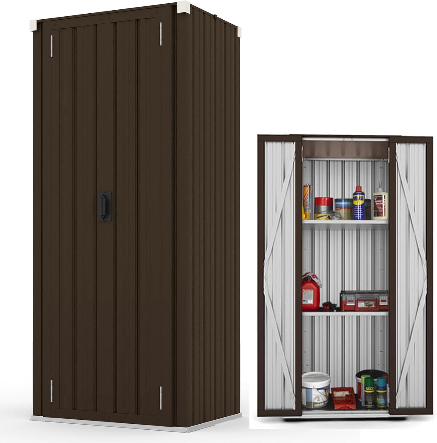 YODOLLA Outdoor Metal Storage Cabinet with Locking Doors and Adjustable Shelves for Home, Office,Garden(Brown)