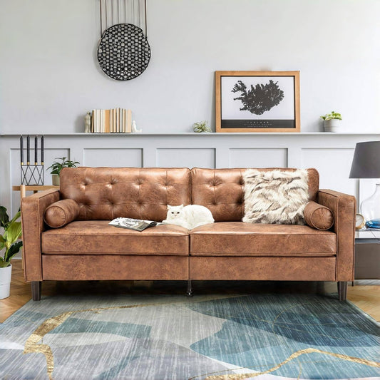 YODOLLA 84.2” Tufted Leather Sofa Couch Mid-Century Modern Couches for Living Room,Apartment,Office (Brown)