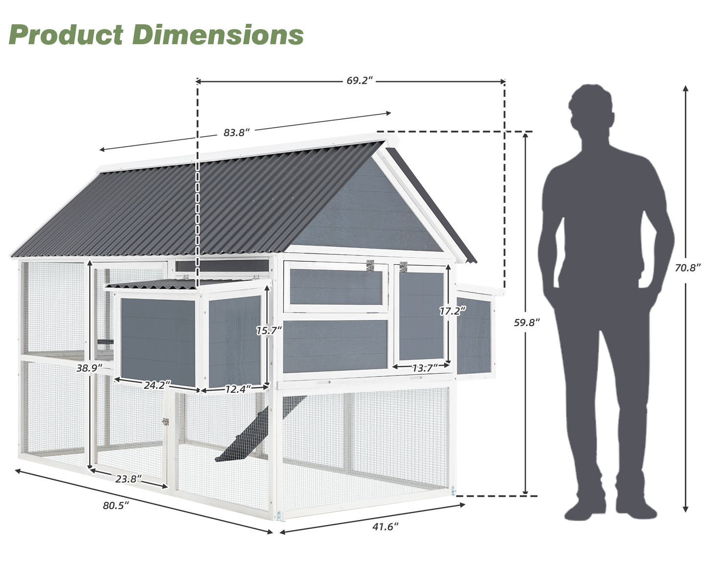 YODOLLA 84” Outdoor Large Chicken Coop, Wooden Hen House Poultry Cage for 10 Chickens Walk in Chicken House with Run, Grey