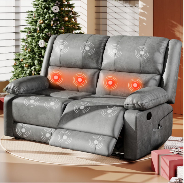 AECOJOY Reclining Loveseat with Heat&Massage Function, Double Recliner Recliner Loveseat Wall Hugger Loveseat 2-Seater Manual Control Faux Leather RV Couch, Home Theater Seating, Gray