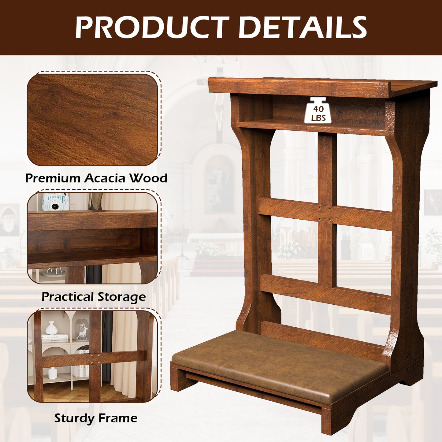 YODOLLA Acacia Wood Prayer Bench Kneeler Prayer Table at Home with Cushion Pad,Church Kneeling Stand Stool Padded Prayer Chair Shelf for Kneeling at Home and Church