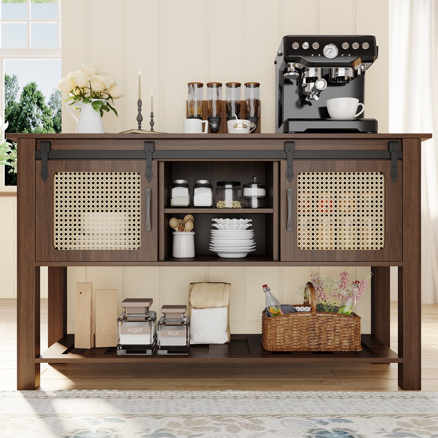 YODOLLA 46'' Kitchen Sideboard Buffet Cabinet with 2 Rattan Sliding Barn Door, Shelves and Bottom Open Shelf, Brown