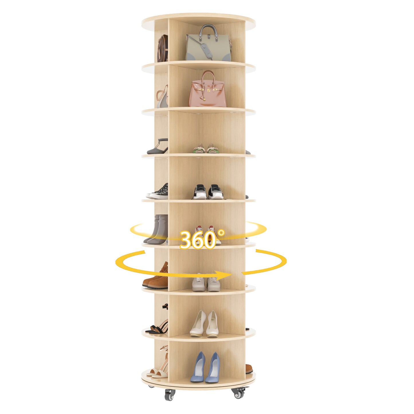 AECOJOY 8-Tier Rotating Shoe Rack with 4 Casters, 360° Spinning Organizer for Closet Storage in Natural