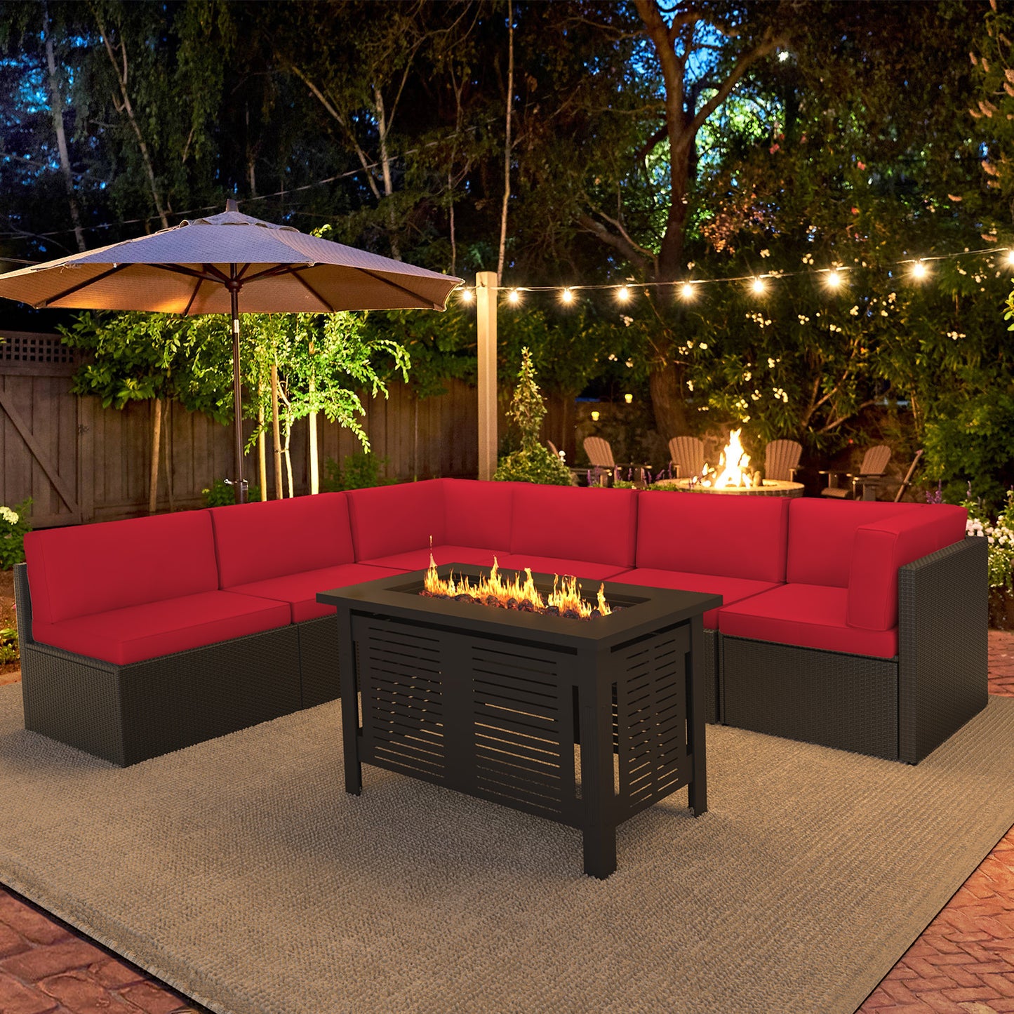 ODOLLA 7-Piece Patio Furniture Set with 43" Fire Pit Table, Rattan Wicker Outdoor Sectional Sofa Couch with Table Patio Conversation Set for Lawn& Backyard In Brown& Red