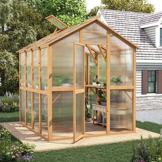 AECOJOY 6x7 FT Wooden Greenhouse For Outdoors,Walk-in Garden Greenhouse with Plant Stand with Polycarbonate Panels for Backyard or Patio