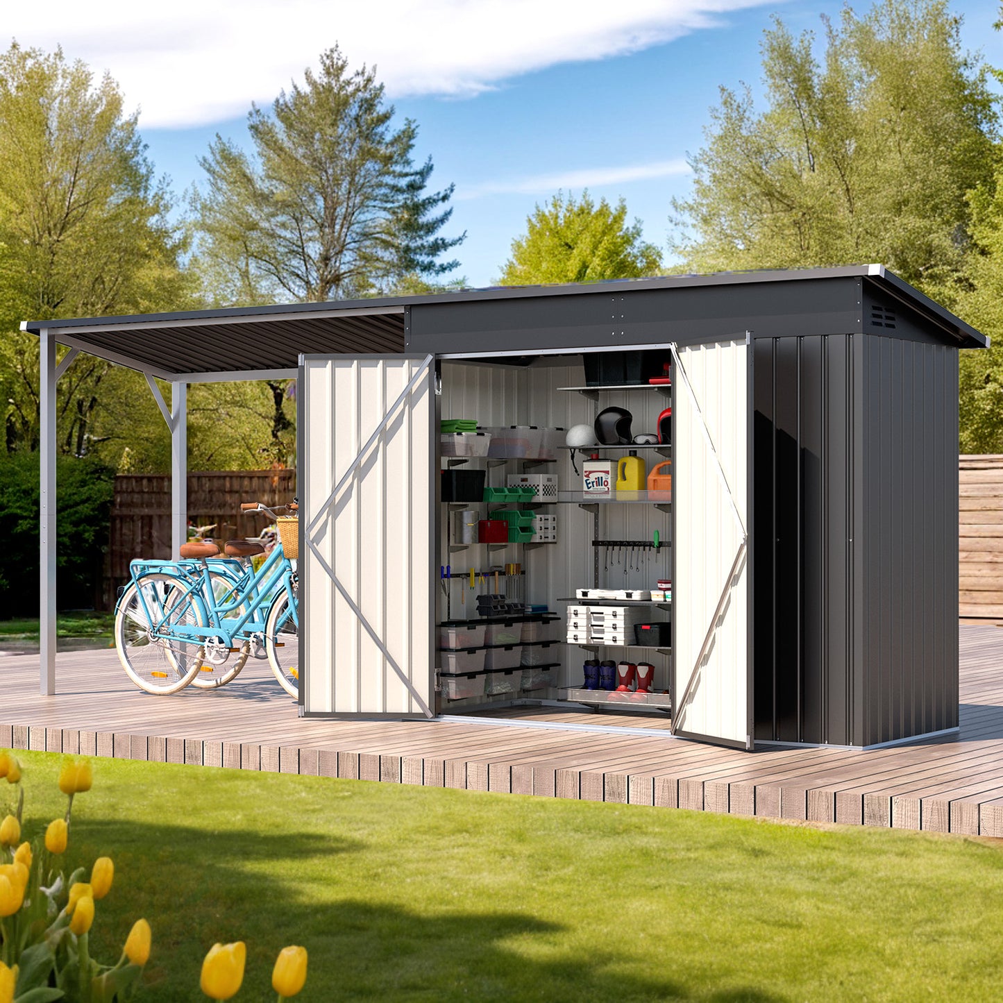 YODOLLA Outdoor Open-Sided Storage Shed, 6x4 Sheds & Outdoor Storage with 56 Sq. Ft Covered, 2-in-1 Tool Shed with Attached Hardtop Metal Pergola Gazebo