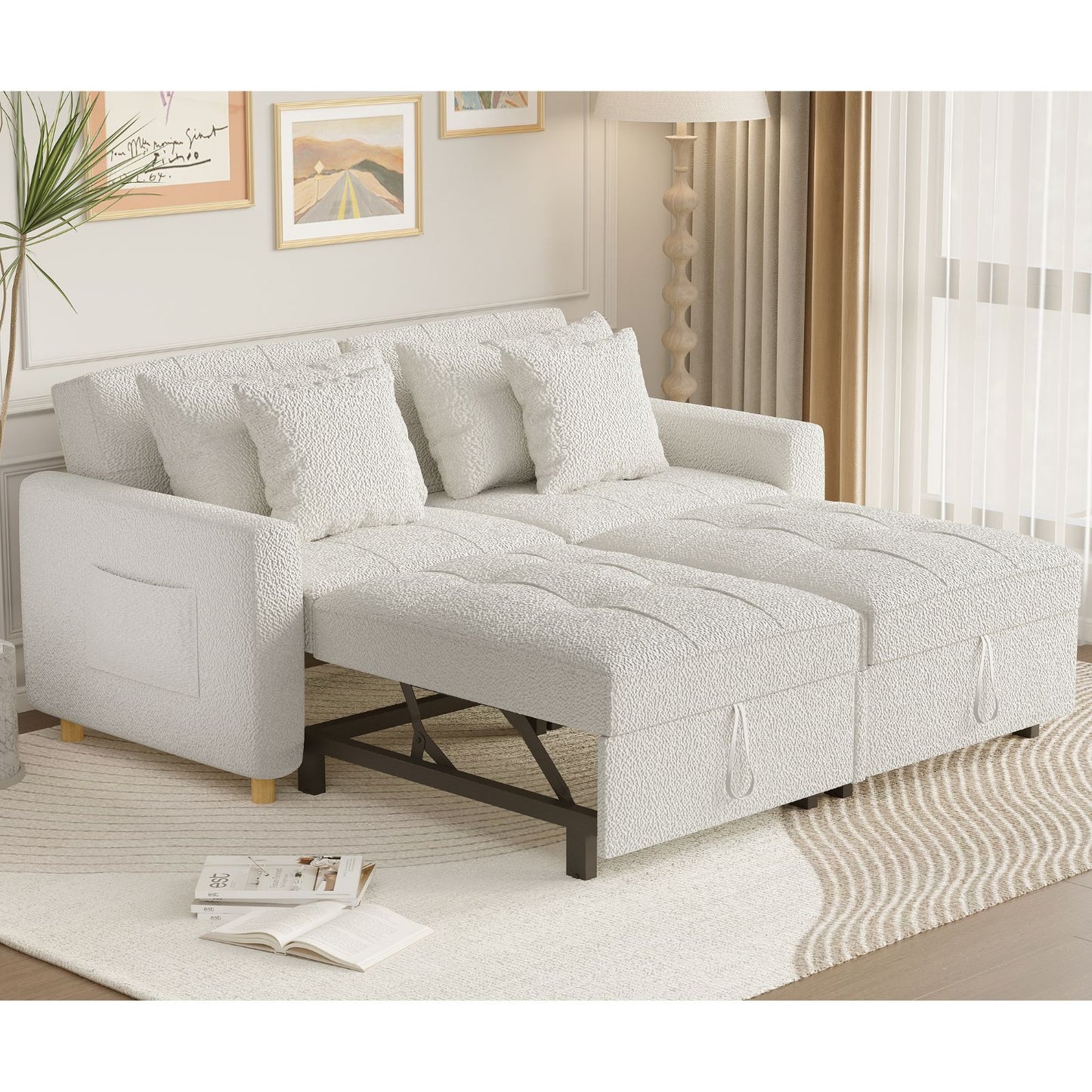 YODOLLA 3-in-1 Futon Pull Out Couch & 71" Sleeper Sofa Bed for Living Room & Bedroom, Convertible Loveseat in Teddy Velvet White
