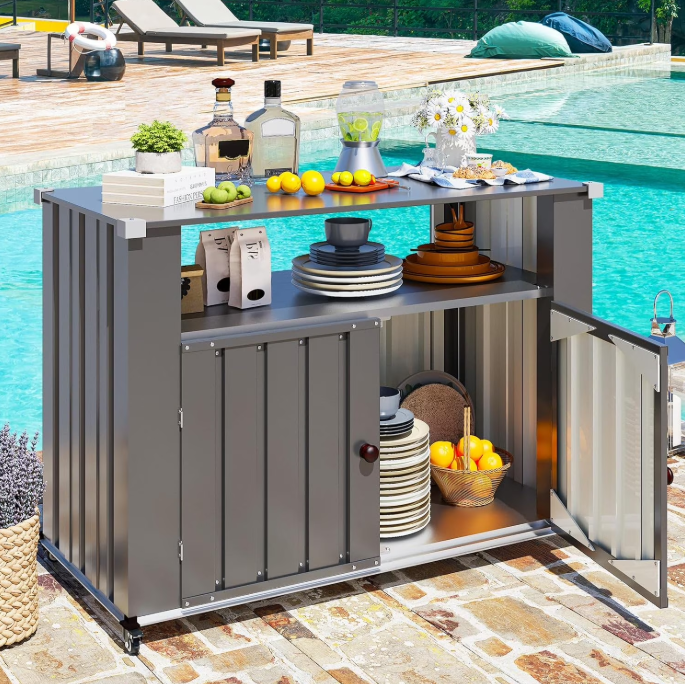 AECOJOY Outdoor Grill Table Cart with Storage Cabinet Weatherproof, Outdoor Kitchen Island w/ Counter Prep Table in Dark Grey