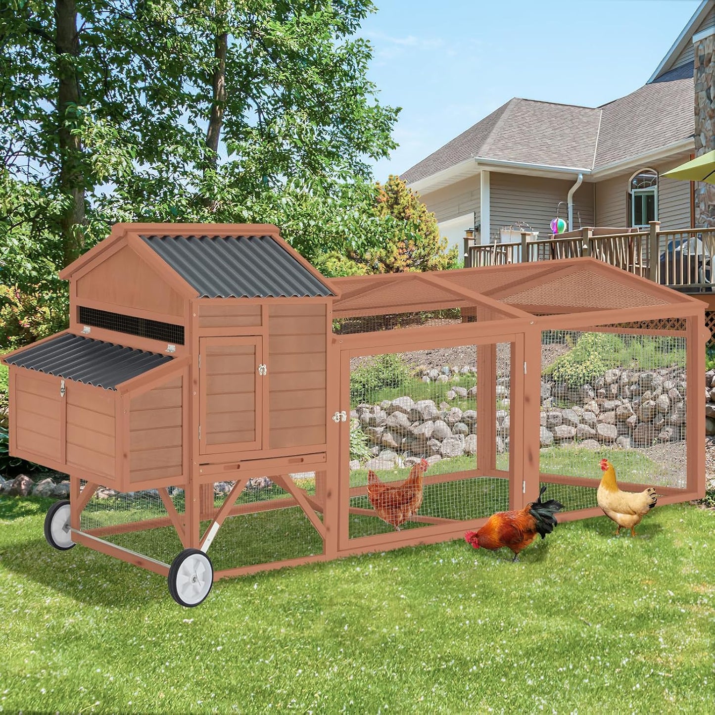 YODOLLA 95" Chicken Coop with Wheels, Poultry Cage Wooden Chicken Hutch Tractor with Run, Nesting Boxes, Ramps, Removable Tray in Natural wood