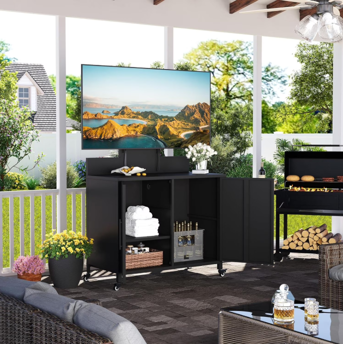 YODOLLA Outdoor Storage Cabinet with TV Mount for 40–85 Inch TVs, Mobile TV Stand on Wheels with Storage Cabinet Waterproof, Heavy Duty Metal Entertainment Center for both Indoor/ Outdoor Use