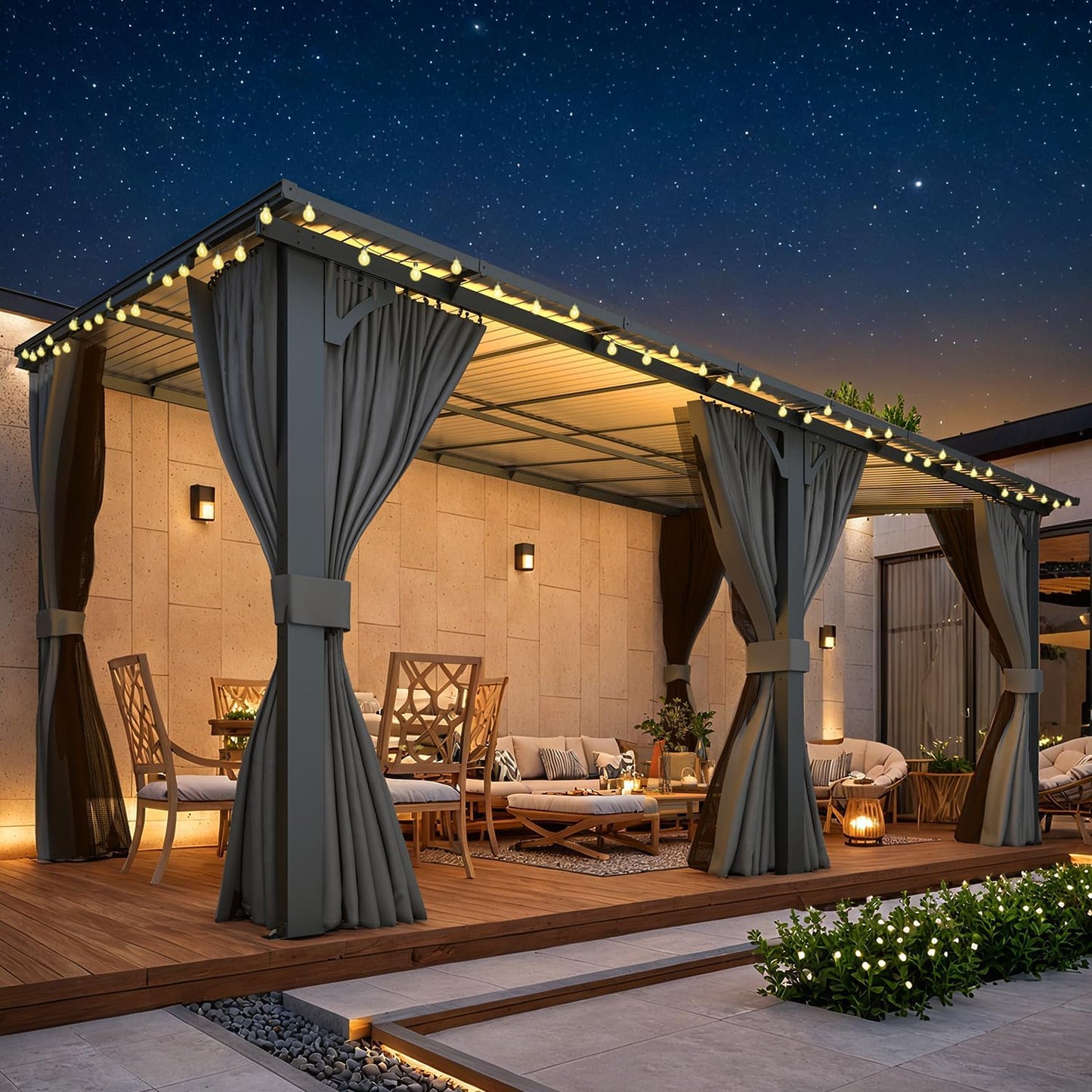 YODOLLA 16' x 10' Outdoor Hardtop Gazebo With Mosquito Net, Pergola for Garden, Patio, Backyard-Dark Grey