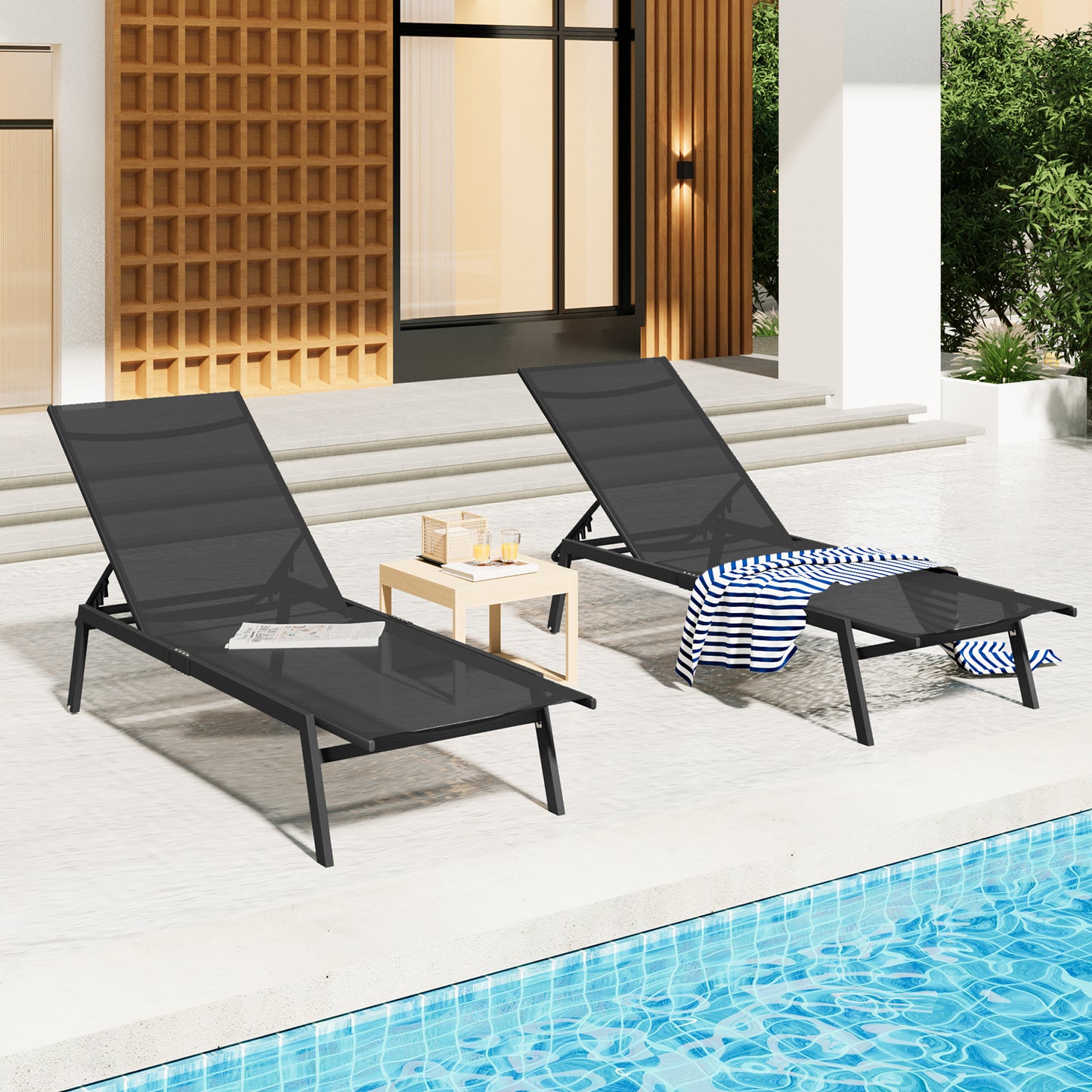AECOJOY 2 PCS Patio Adjustable Lounge Chair Recliner with Wheels - Black