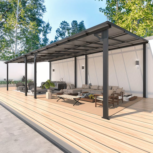 YODOLLA 12' x24' Hardtop Gazebo Outdoor Wall-Mounted Aluminum Pergola for Garden, Patio, Backyard-Gray
