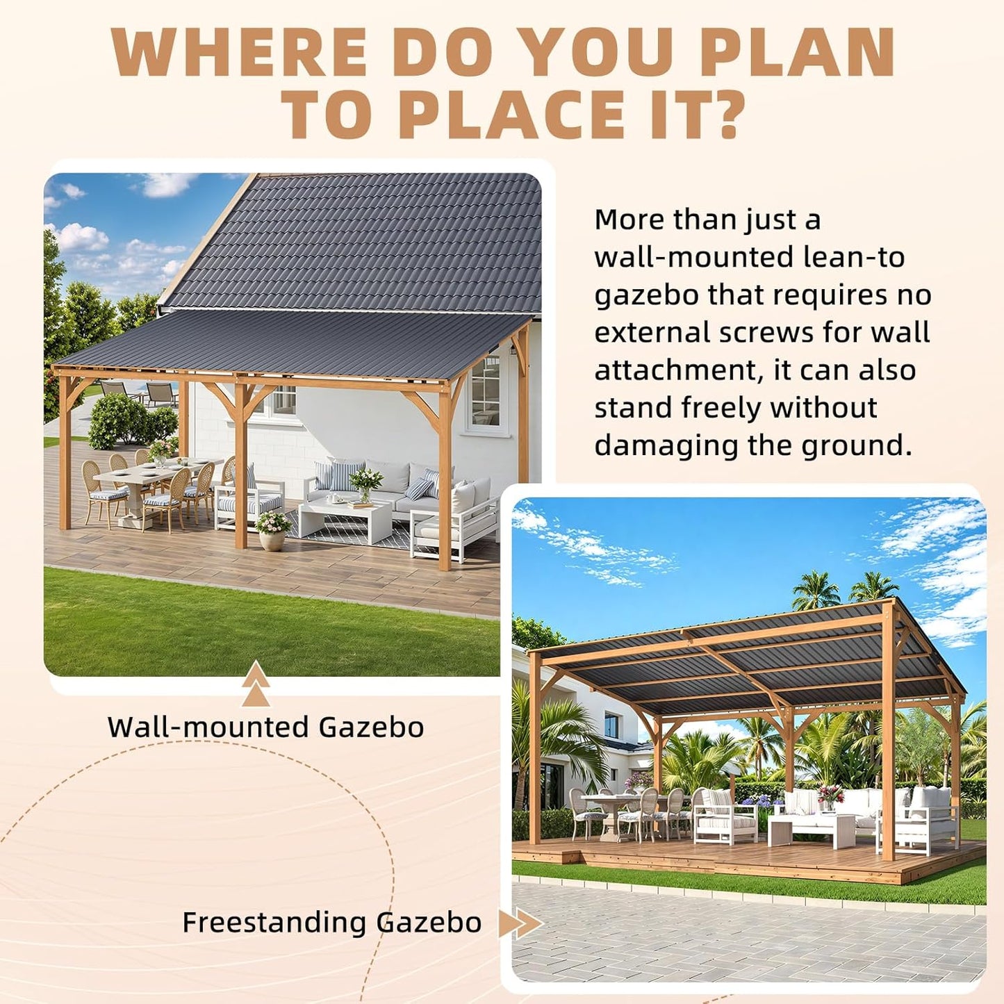 YODOLLA 16' x 10' Wall-Mounted Outdoor Wood Gazebo, Hardtop Cedar Pergola with Heavy-Duty Awnings for Patio, Deck, Backyard