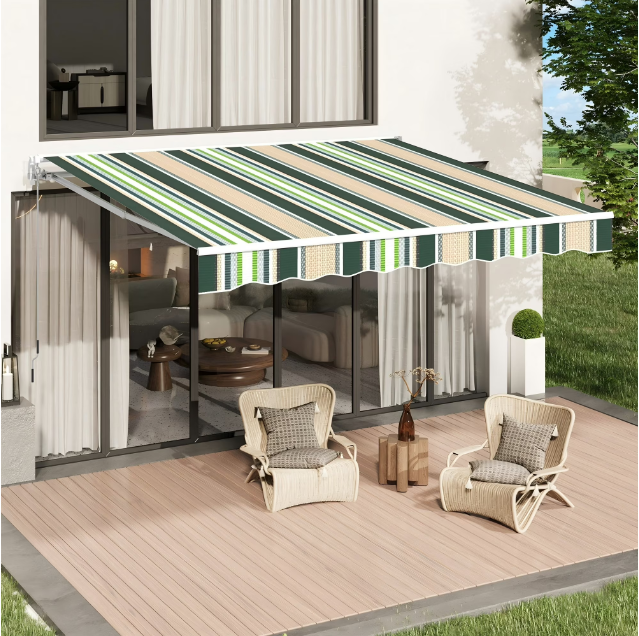 AECOJOY 8.2' x 6.5' Manual Retractable Patio Awning,Outdoor Awning Retractable Sunshade Shelter-Mixed Beige Green Stripes
