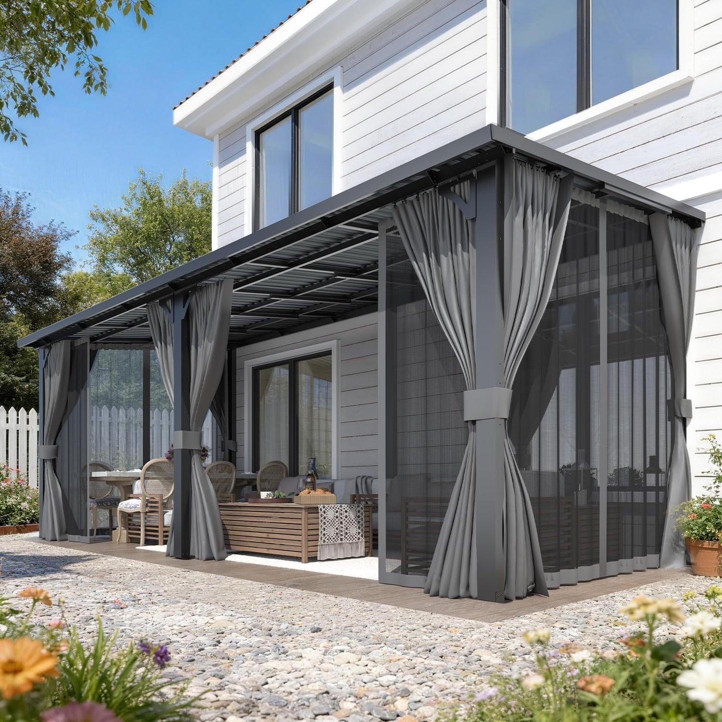 AECOJOY 20' x 8' Hardtop Patio Gazebo with Curtains and Netting, Wall Mounted Heavy Duty Outdoor Pergola on Clearance with Galvanized Steel Roof, Waterproof Metal Grill Gazebo for Backyard