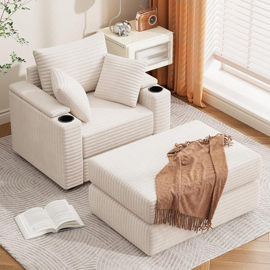 YODOLLA Oversized Accent Chair with Storage Ottoman , Single Sleeper Sofa Armchair with 3 Pillows, Lounge Sofa Bed in White