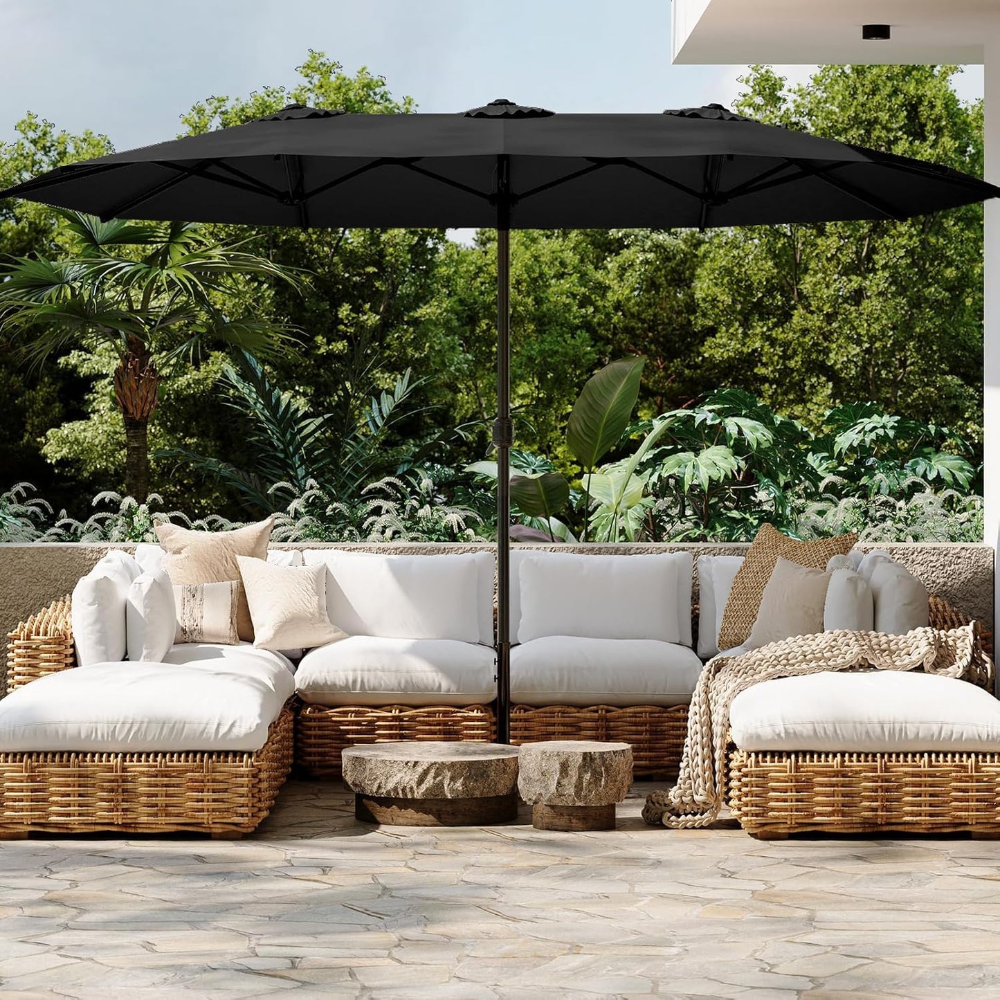 YODOLLA 15 Ft Patio Double Sided Umbrella Large Outdoor Umbrella - Black
