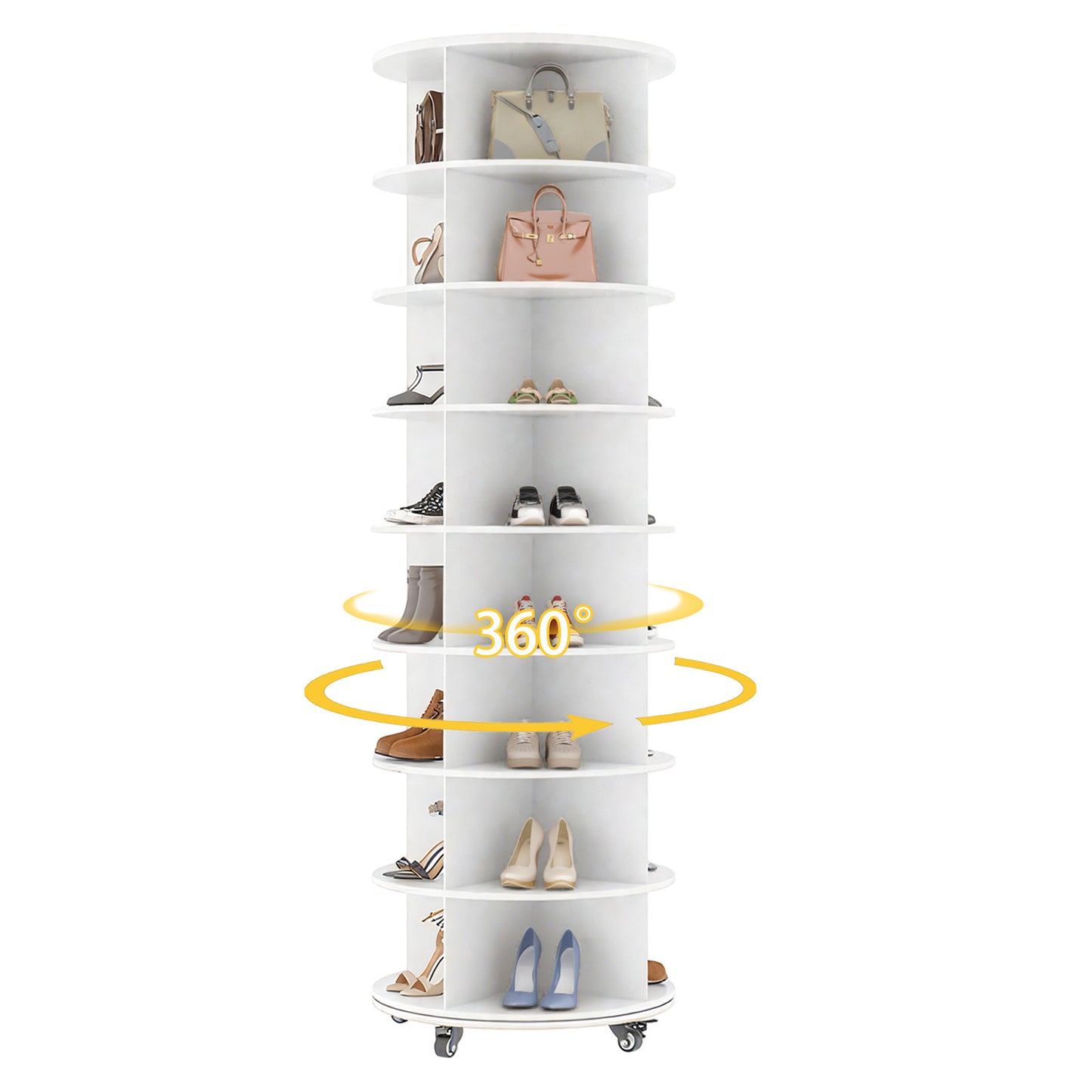 AECOJOY 8-Tier Rotating Shoe Rack with 4 Casters, 360° Spinning Organizer for Closet Storage, White