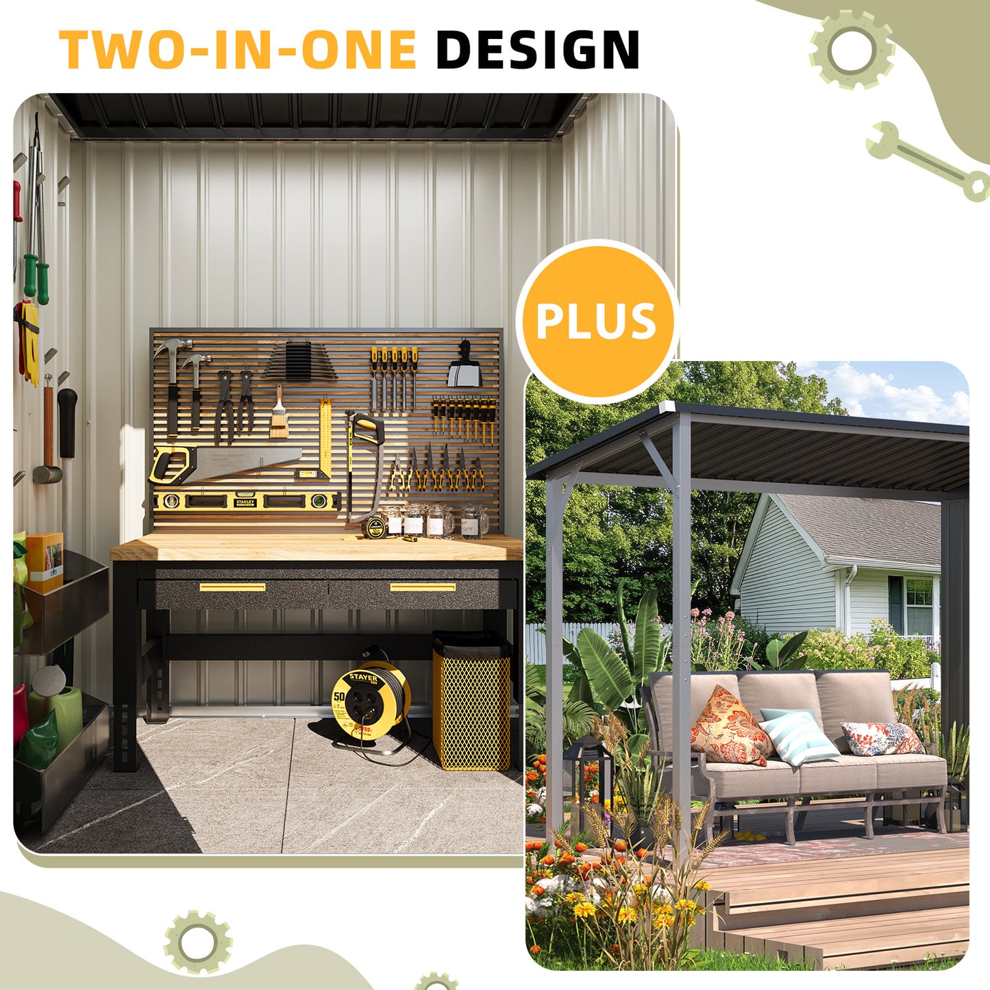 YODOLLA Outdoor Open-Sided Storage Shed, 6x4 Sheds & Outdoor Storage with 56 Sq. Ft Covered, 2-in-1 Tool Shed with Attached Hardtop Metal Pergola Gazebo