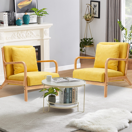 YODOLLA Mid-Century Modern Accent Chair Upholstered Living Room Arm Chair with Pillow in Yellow Set of 2