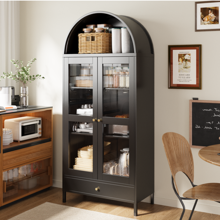 YODOLLA 73" Arched Cabinet Metal Storage Display Cabinet, Pantry Cabinet, Black