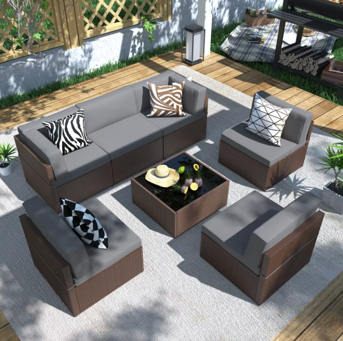 Danrelax 7-Piece Outdoor Sectional Sofa Patio Conversation Set, PE Rattan Wicker Furniture, Steel Frame, Dark Grey Cushion/ Black Rattan