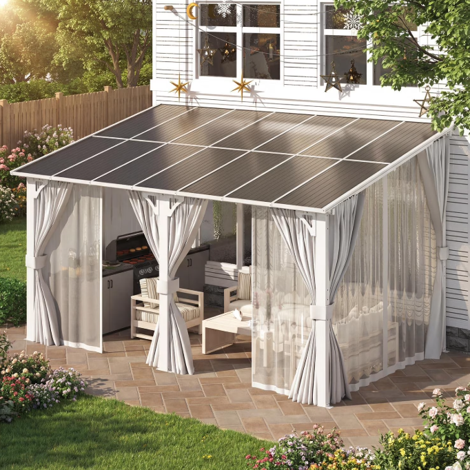 AECOJOY 14'x8' Gazebo Outdoor Pergola, Hardtop Lean to 8x14 Gazebo with Curtains and Netting, Pergolas and Gazebos Clearance with Patio Roof, Large Wall-Mounted Heavy Duty Awnings, White