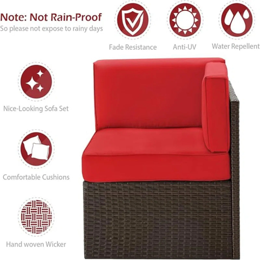 YODOLLA 7-Piece Patio Furniture Set with 30" Fire Pit Table, Rattan Wicker Outdoor Sectional Sofa Couch with Table Patio Conversation Set for Lawn& Backyard In Brown&Red