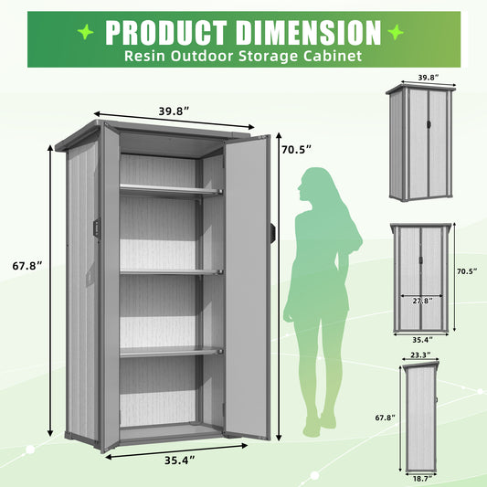 YODOLLA 70.5'' Outdoor Resin Storage Shed Plastic Storage Cabinet with Sloped Roof and 3 Adjustable Shelves
