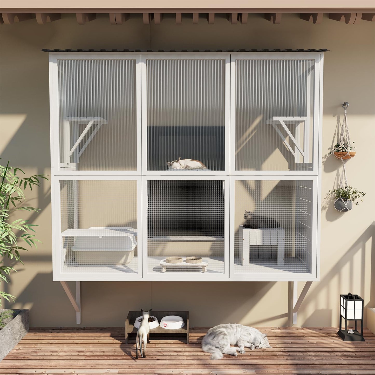 YODOLLA Catio Cat Window Box Cat Enclosure for Multiple Indoor Cats,Outside Wood Cat House, White