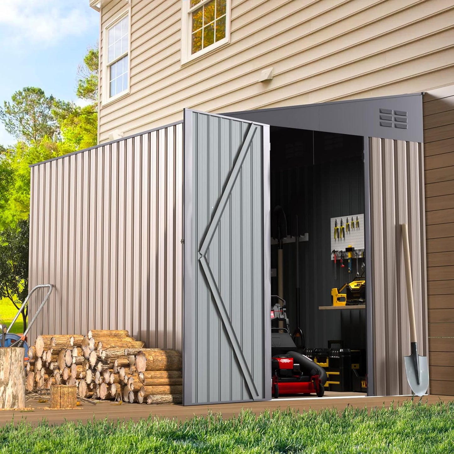 AECOJOY 6' x 8' Metal Storage Shed, Lean-to Design and Lockable Door for Garden, Grey