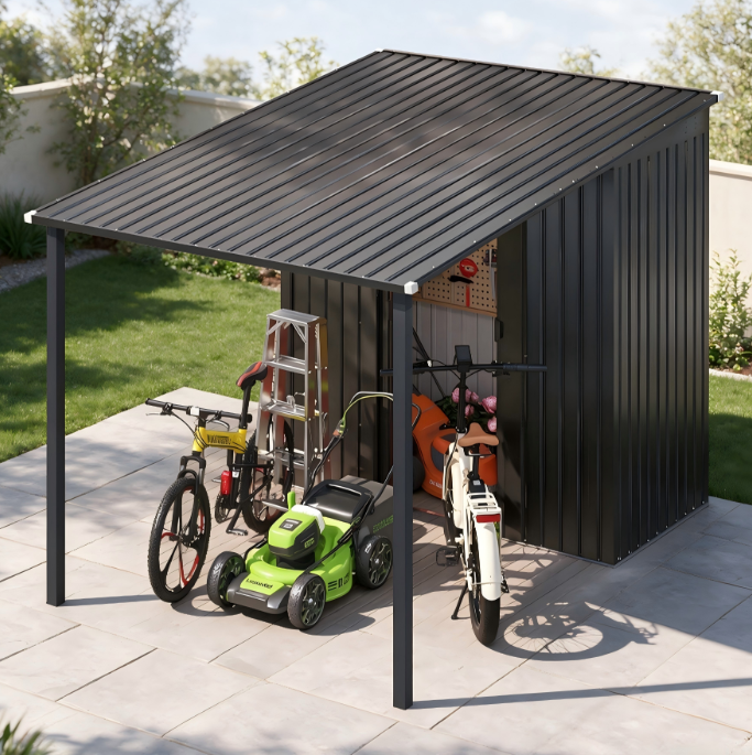 YODOLLA 5 x8 ft Outdoor Metal Storage Shed with Hardtop Pergola Gazebo, 2-in-1 Outdoor Tool Shed Open-Sided Storage Shed
