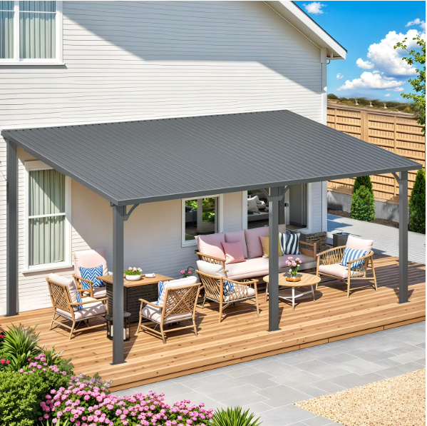 AECOJOY 16' x 10' Hardtop Pergola Gazebo, Wall-Mounted Heavy-Duty Lean-To Metal Awning with Galvanized Steel Roof for Patio Outdoor Use