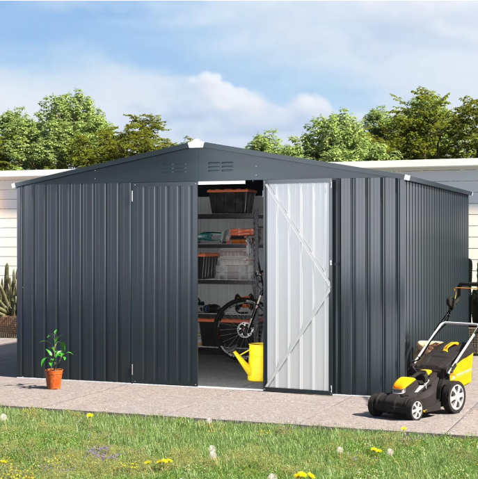 YODOLLA 10' x 12' Outdoor Metal Storage Shed with Sliding Roof & Lockable Door,Patio Storage Building in Dark Grey